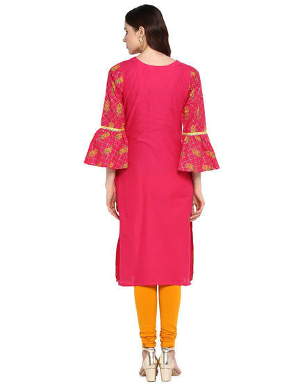 Women's Pink Cotton Only Kurta With Fit & Flare Sleeves