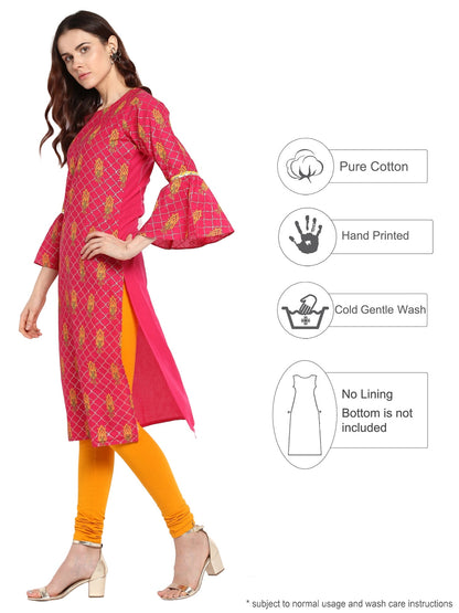 Women's Pink Cotton Only Kurta With Fit & Flare Sleeves