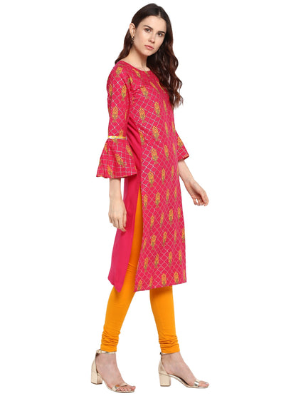 Women's Pink Cotton Only Kurta With Fit & Flare Sleeves