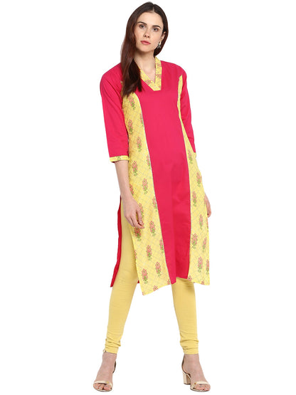 Women's V Neck Yellow Pink Cotton Panel Only Kurta