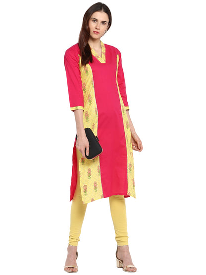 Women's V Neck Yellow Pink Cotton Panel Only Kurta