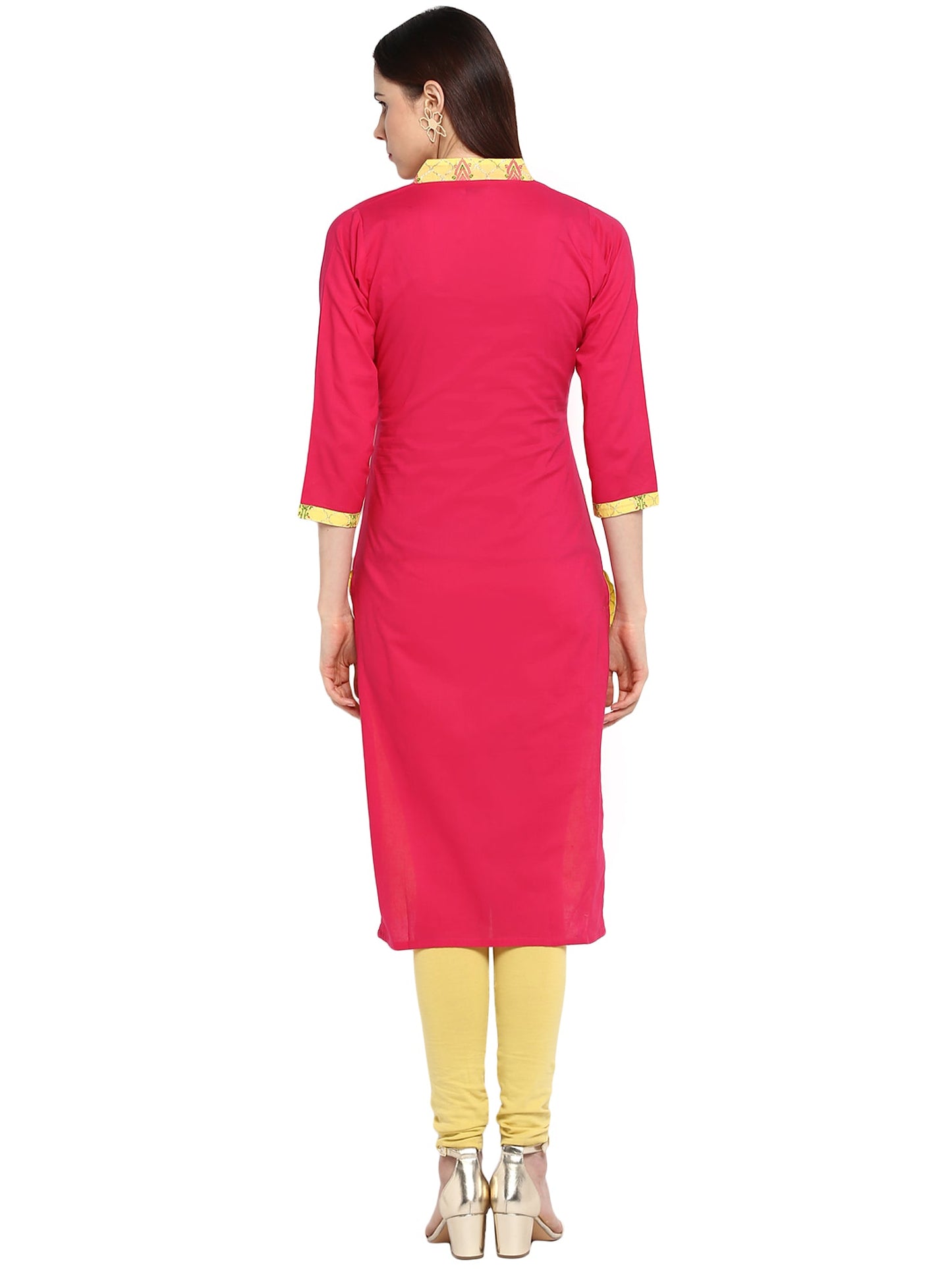 Women's V Neck Yellow Pink Cotton Panel Only Kurta