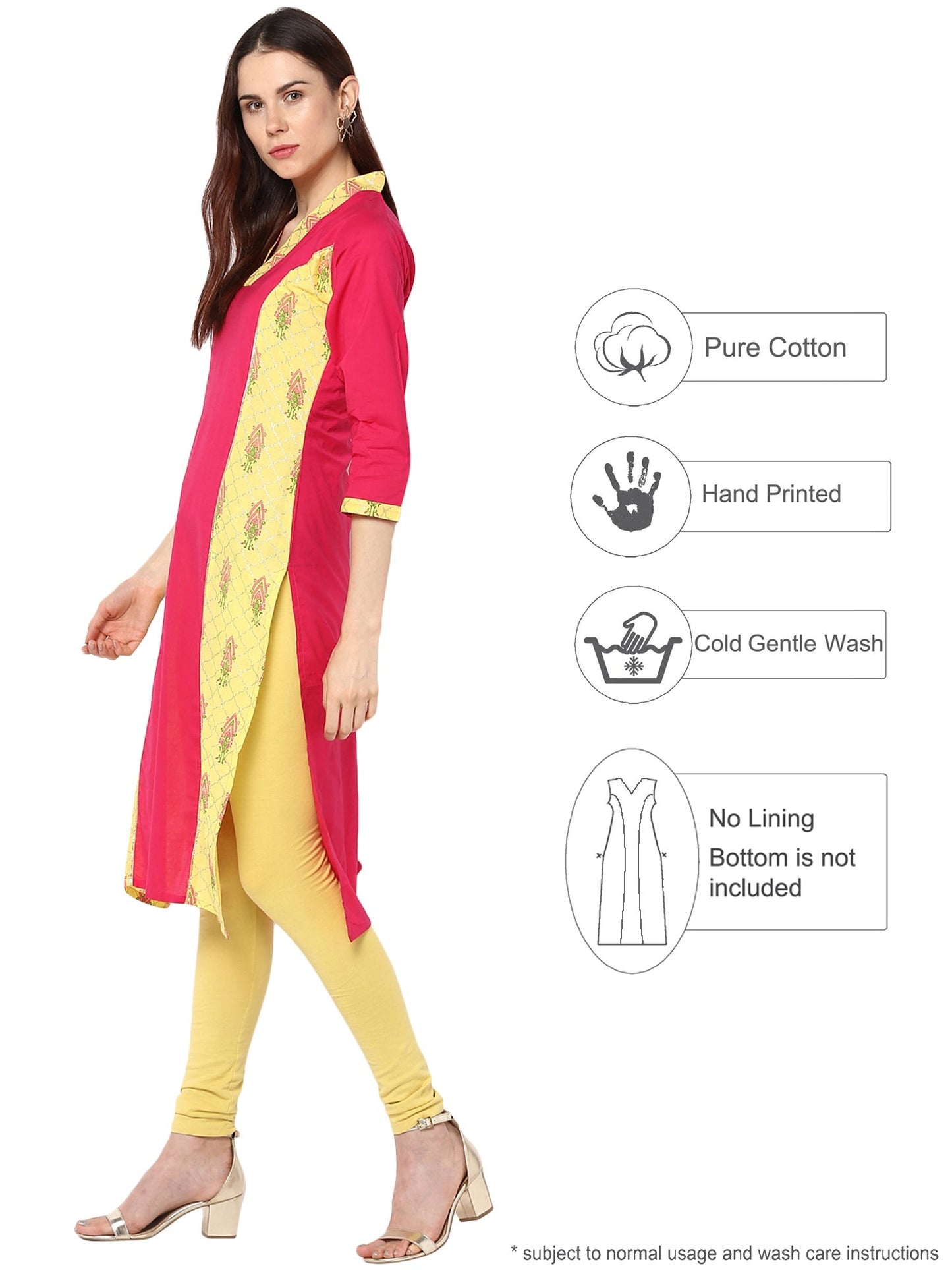 Women's V Neck Yellow Pink Cotton Panel Only Kurta