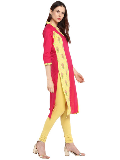 Women's V Neck Yellow Pink Cotton Panel Only Kurta