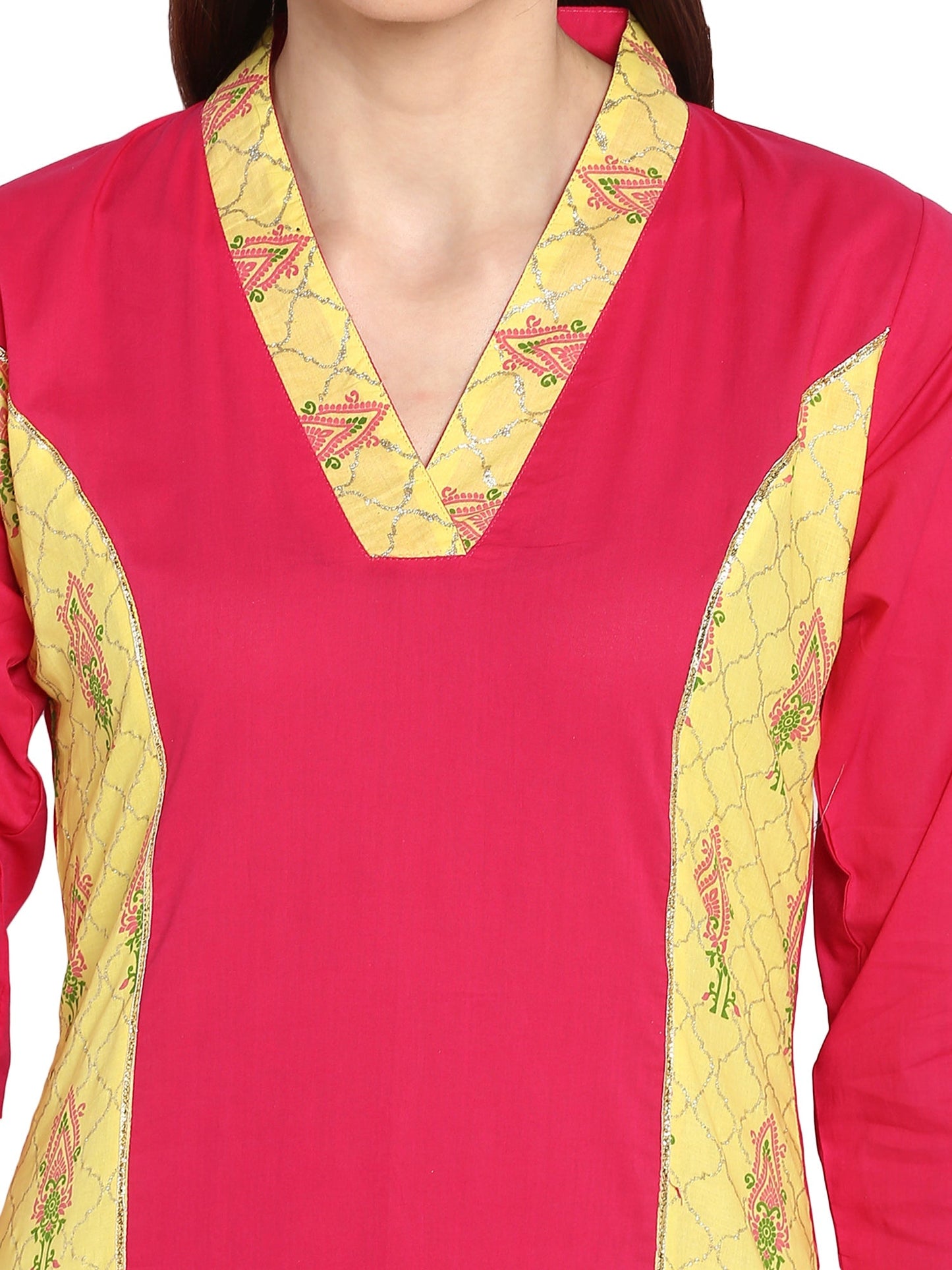 Women's V Neck Yellow Pink Cotton Panel Only Kurta