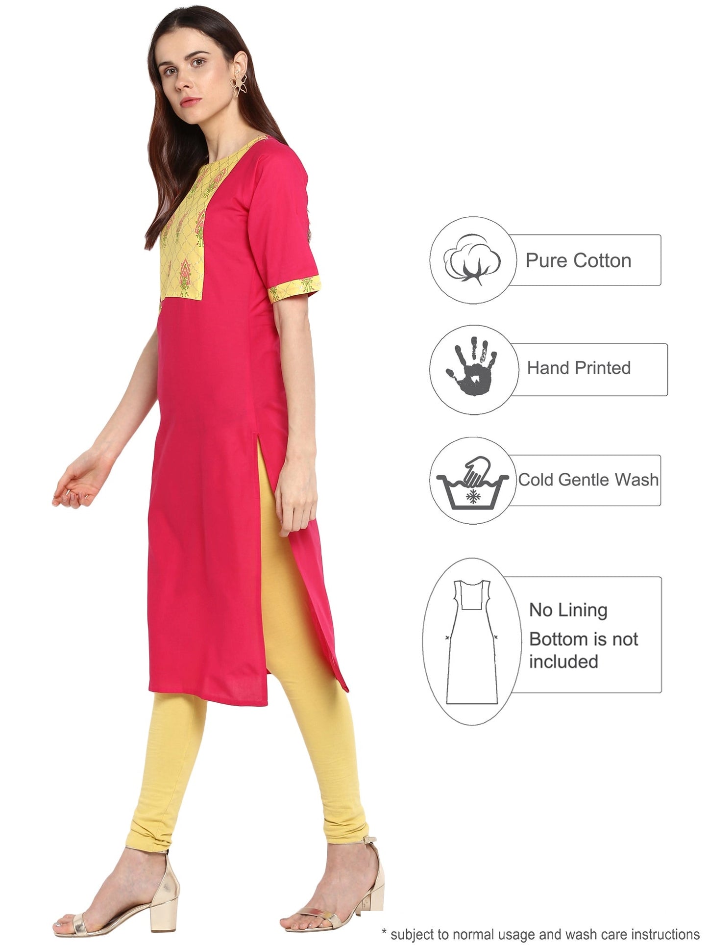 Women's Pink & Yellow Cotton Printed Straight Only Kurta