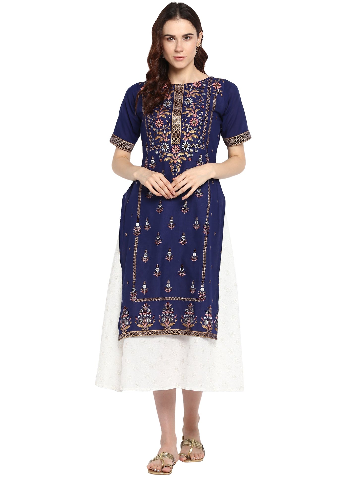Women's Double Layered Blue & White Printed Cotton Only Kurta Dress