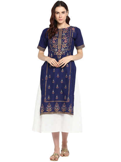 Women's Double Layered Blue & White Printed Cotton Only Kurta Dress