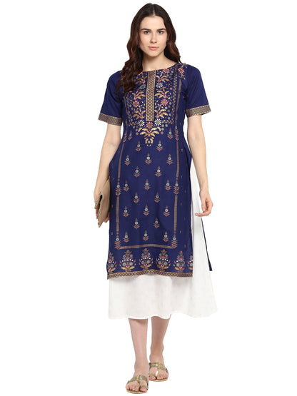 Women's Double Layered Blue & White Printed Cotton Only Kurta Dress