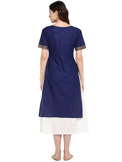 Women's Double Layered Blue & White Printed Cotton Only Kurta Dress