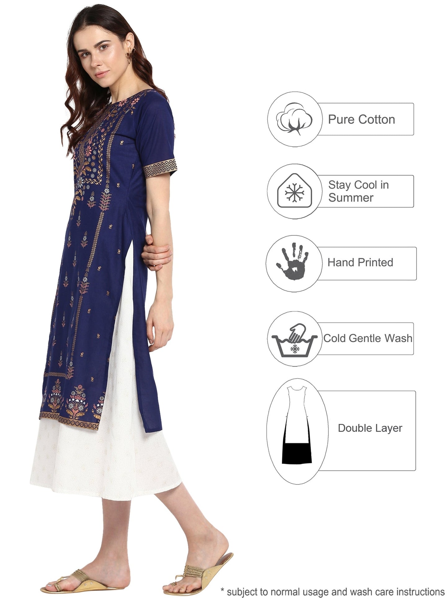 Women's Double Layered Blue & White Printed Cotton Only Kurta Dress