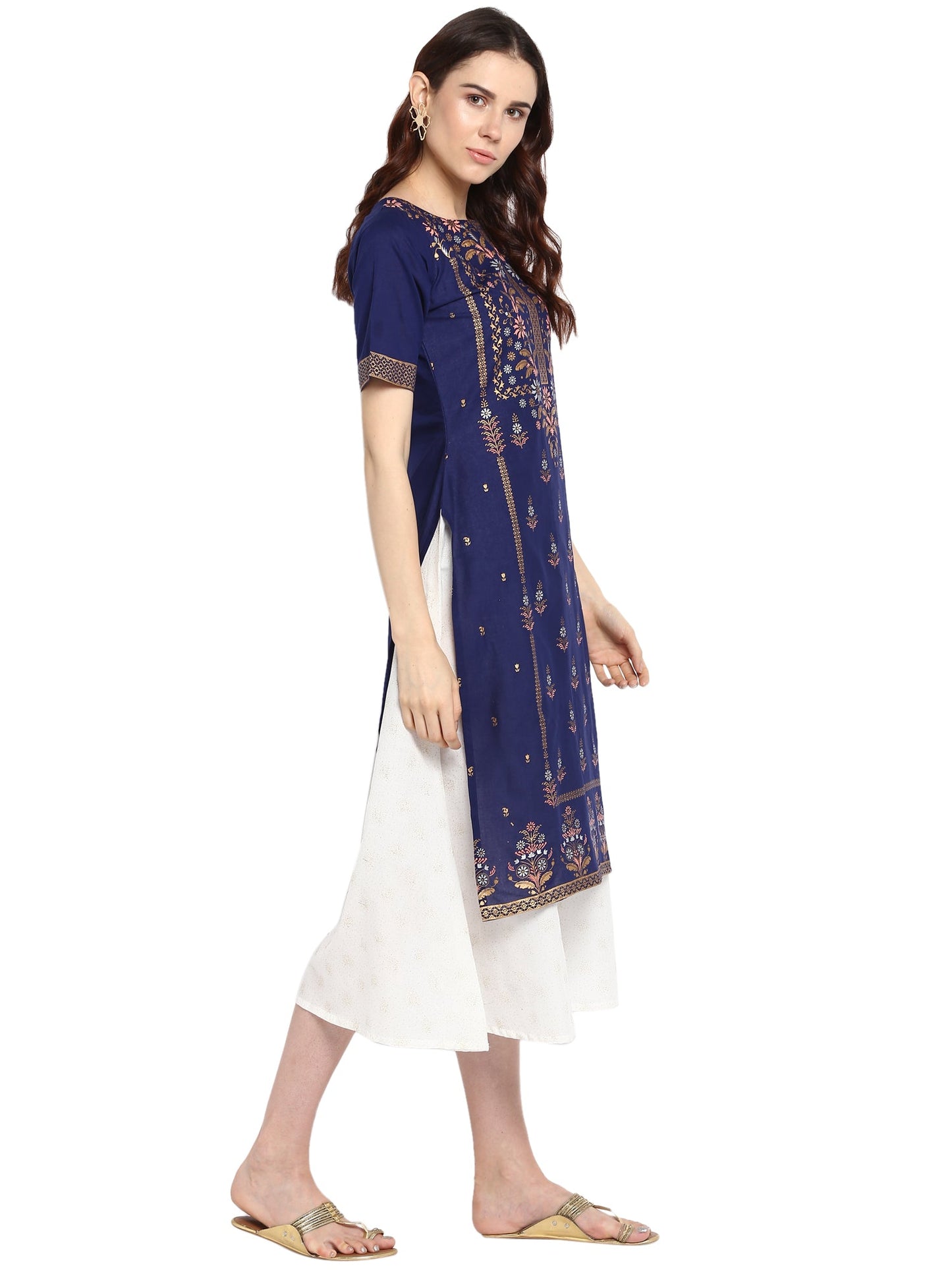 Women's Double Layered Blue & White Printed Cotton Only Kurta Dress