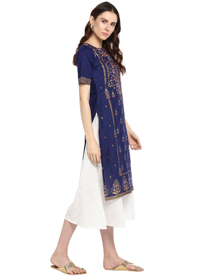 Women's Double Layered Blue & White Printed Cotton Only Kurta Dress