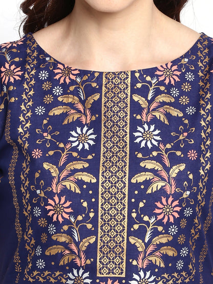 Women's Double Layered Blue & White Printed Cotton Only Kurta Dress