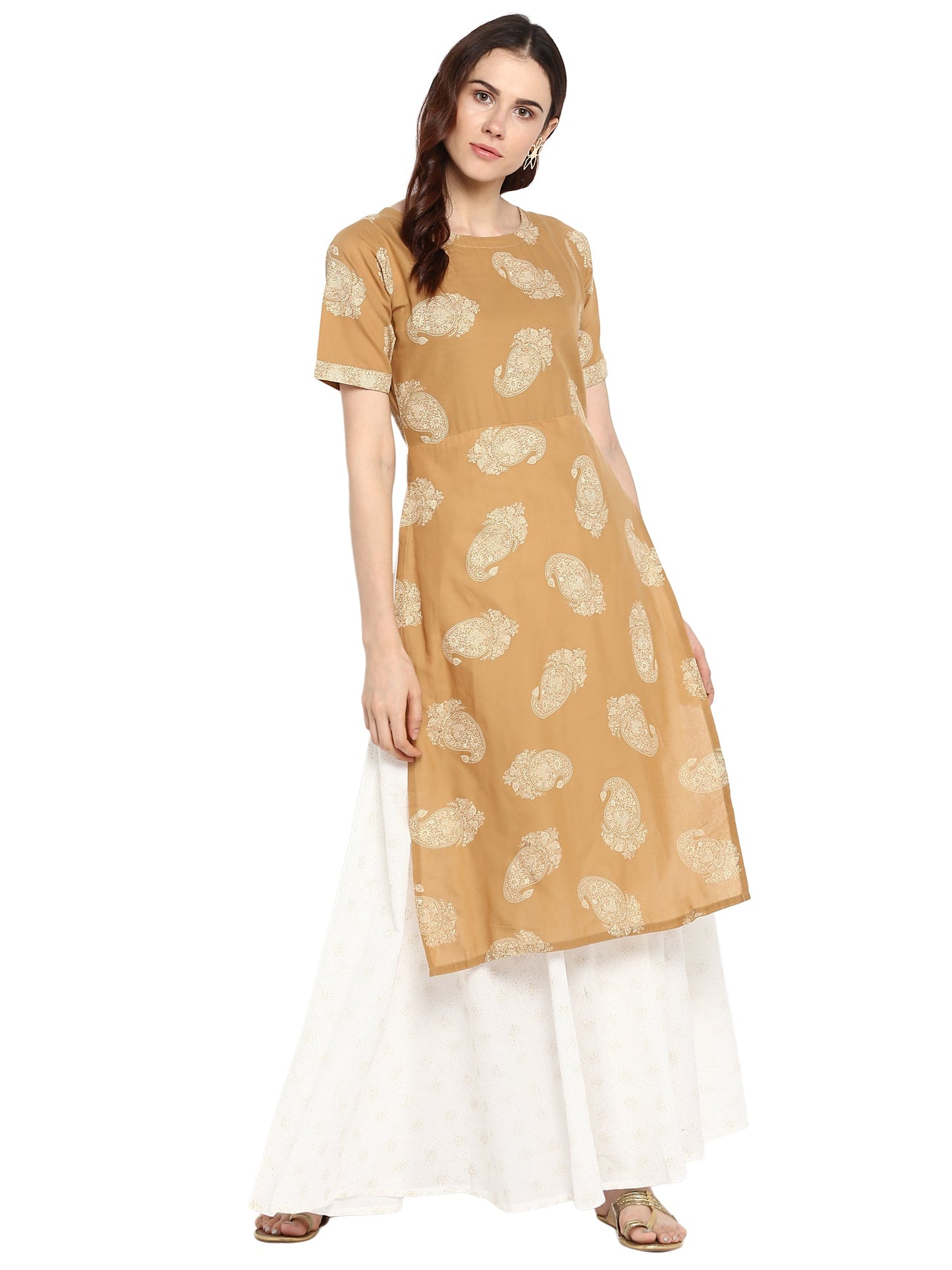 Women's Double Layered Beige & White Printed Cotton Only Kurta Dress