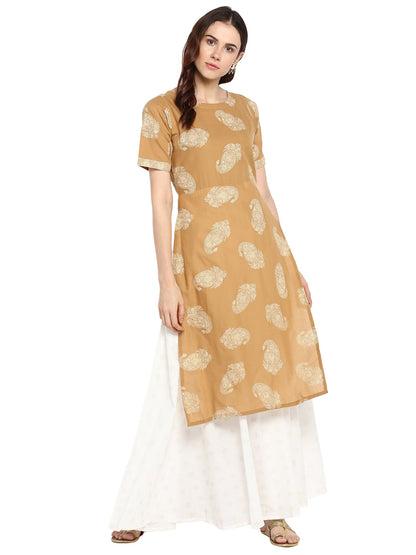 Women's Double Layered Beige & White Printed Cotton Only Kurta Dress
