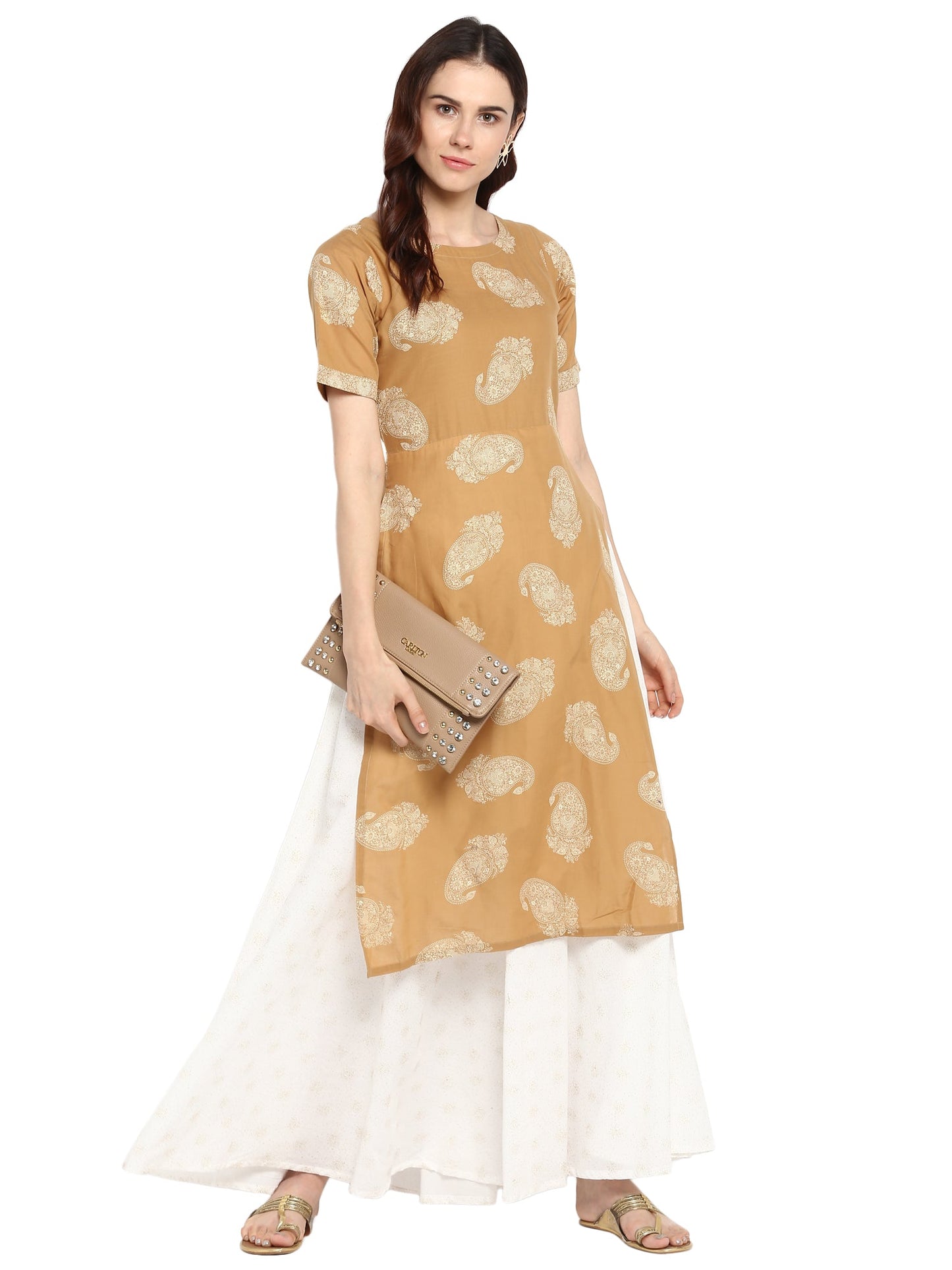 Women's Double Layered Beige & White Printed Cotton Only Kurta Dress