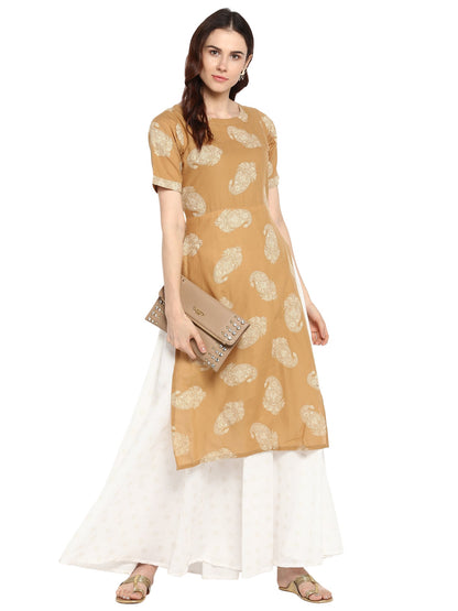 Women's Double Layered Beige & White Printed Cotton Only Kurta Dress