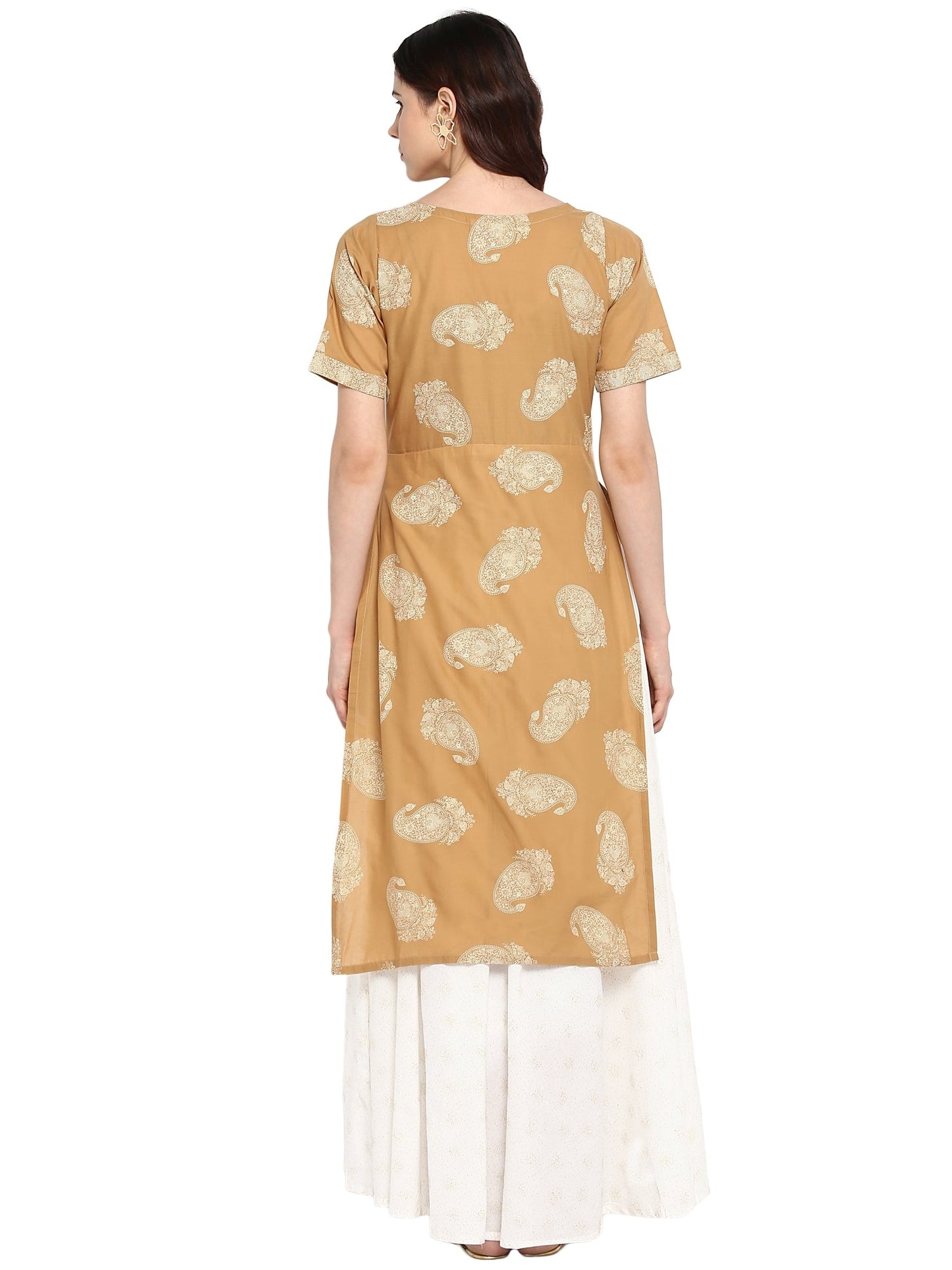 Women's Double Layered Beige & White Printed Cotton Only Kurta Dress