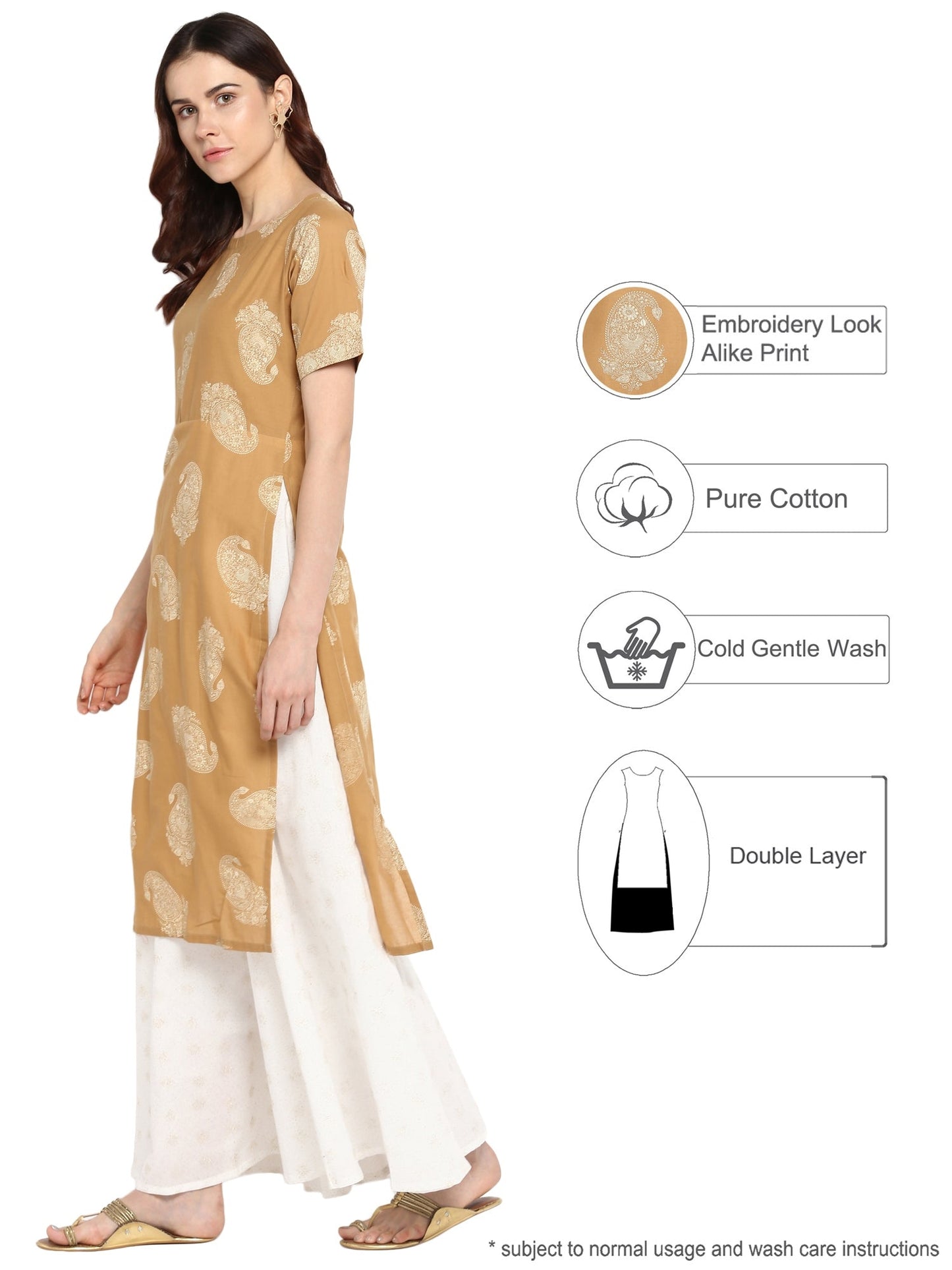 Women's Double Layered Beige & White Printed Cotton Only Kurta Dress