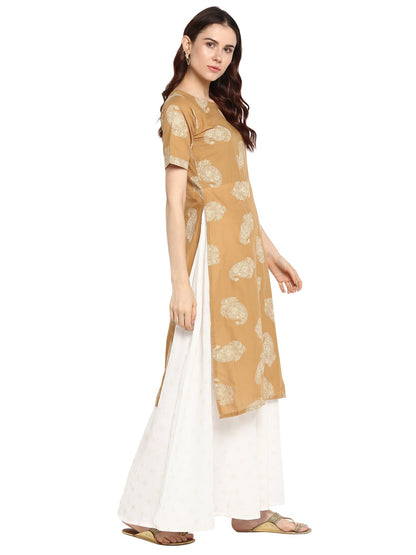 Women's Double Layered Beige & White Printed Cotton Only Kurta Dress