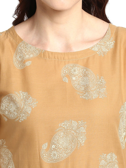 Women's Double Layered Beige & White Printed Cotton Only Kurta Dress