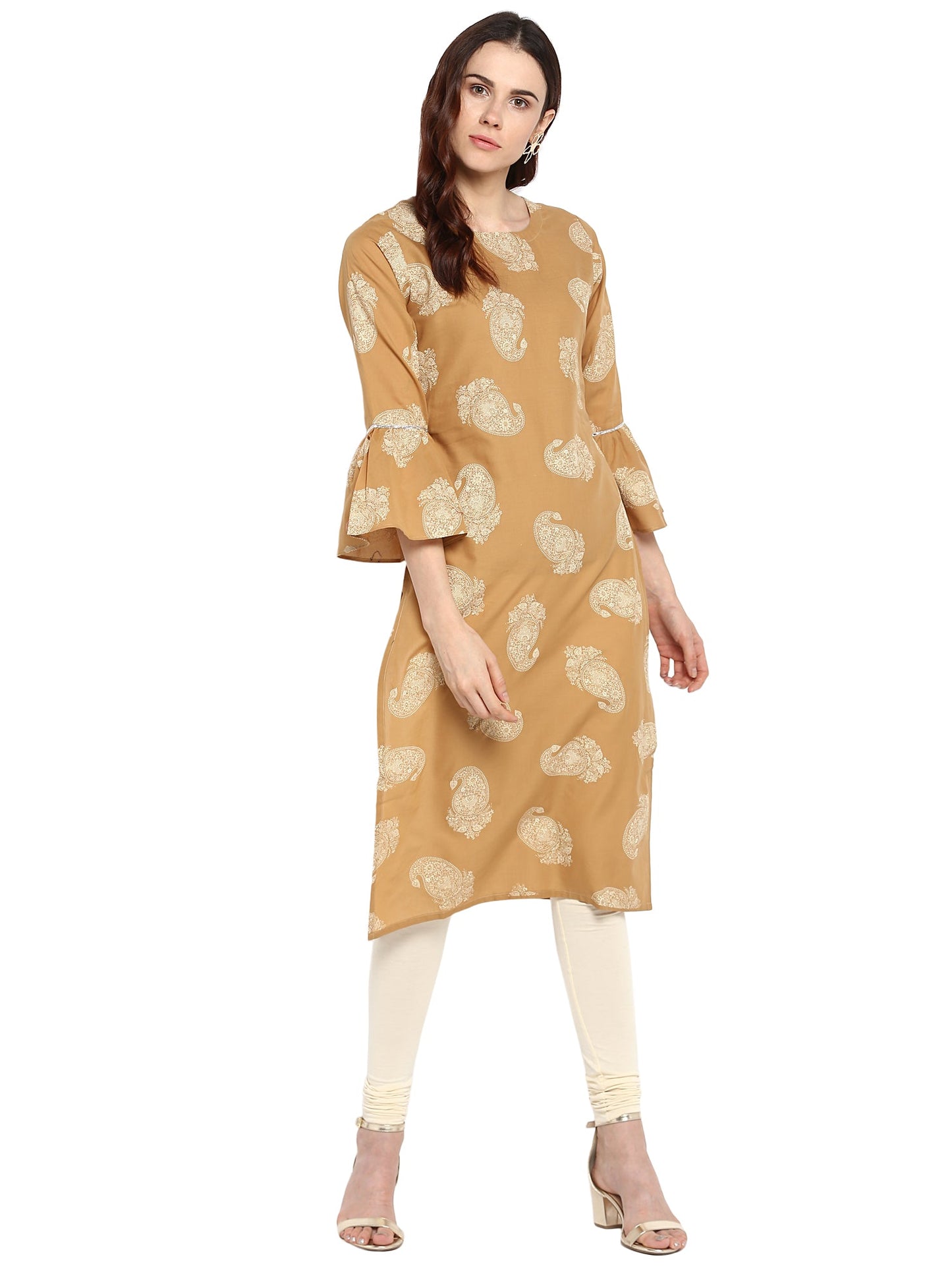 Women's Beige Printed Cotton Only Kurta With Fit & Flare Sleeves