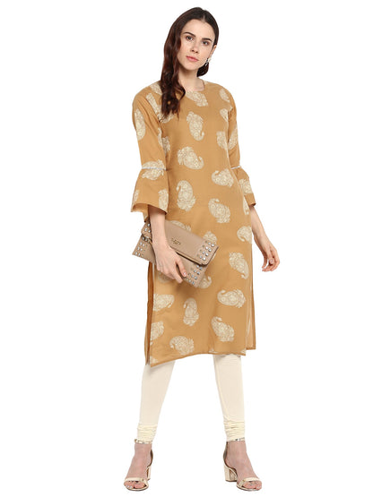 Women's Beige Printed Cotton Only Kurta With Fit & Flare Sleeves