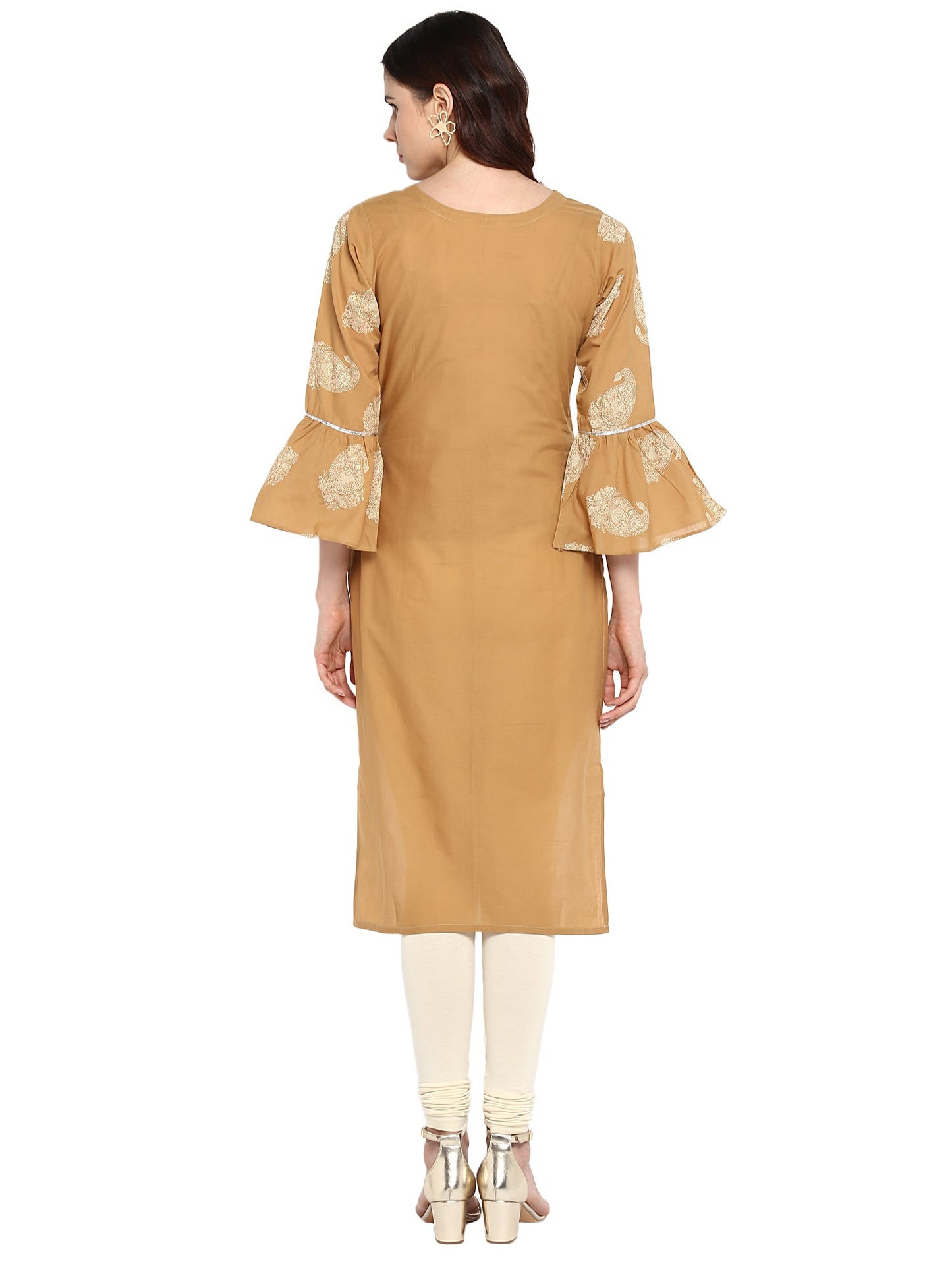 Women's Beige Printed Cotton Only Kurta With Fit & Flare Sleeves