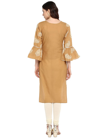 Women's Beige Printed Cotton Only Kurta With Fit & Flare Sleeves