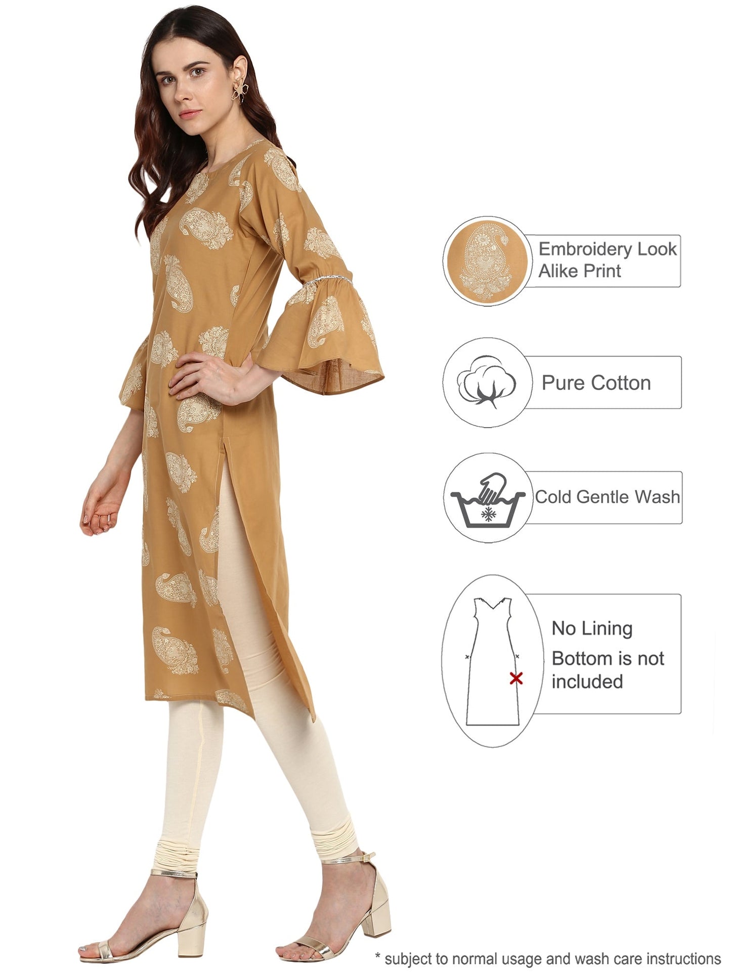 Women's Beige Printed Cotton Only Kurta With Fit & Flare Sleeves