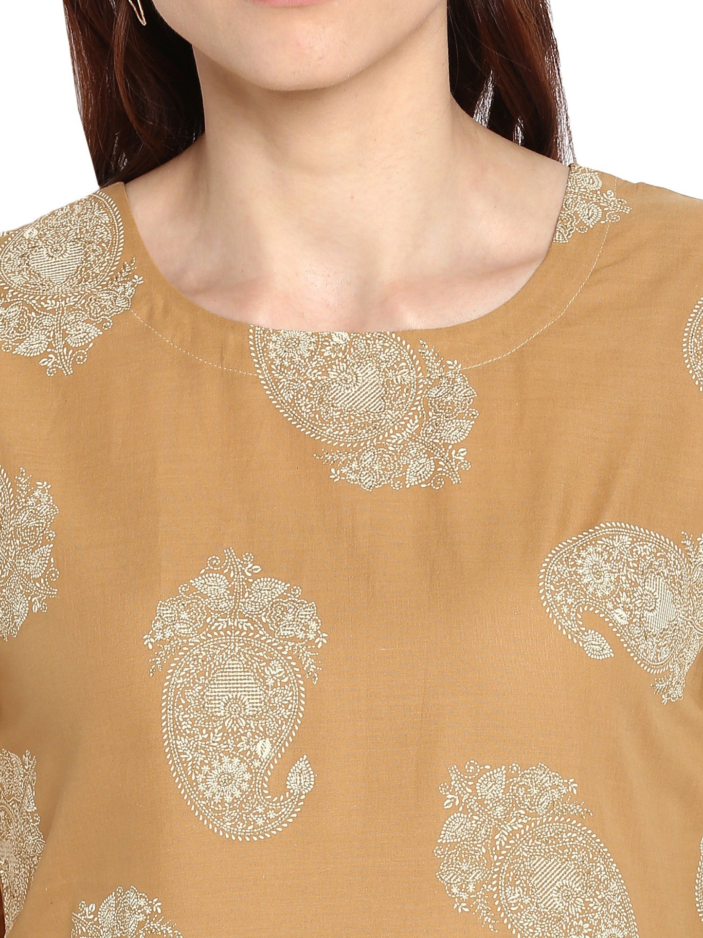 Women's Beige Printed Cotton Only Kurta With Fit & Flare Sleeves