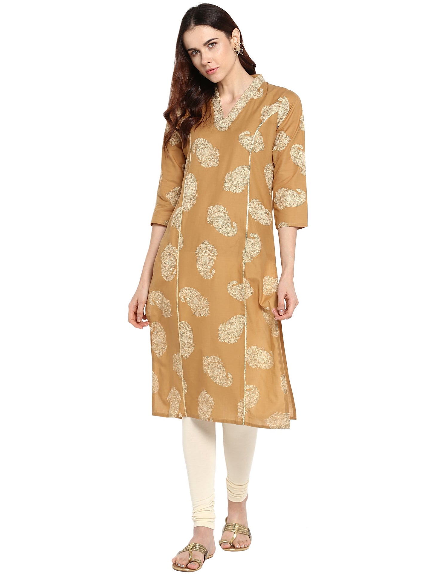 Women's Beige Printed Cotton Only Kurta With Gota Patti Lace Highlights