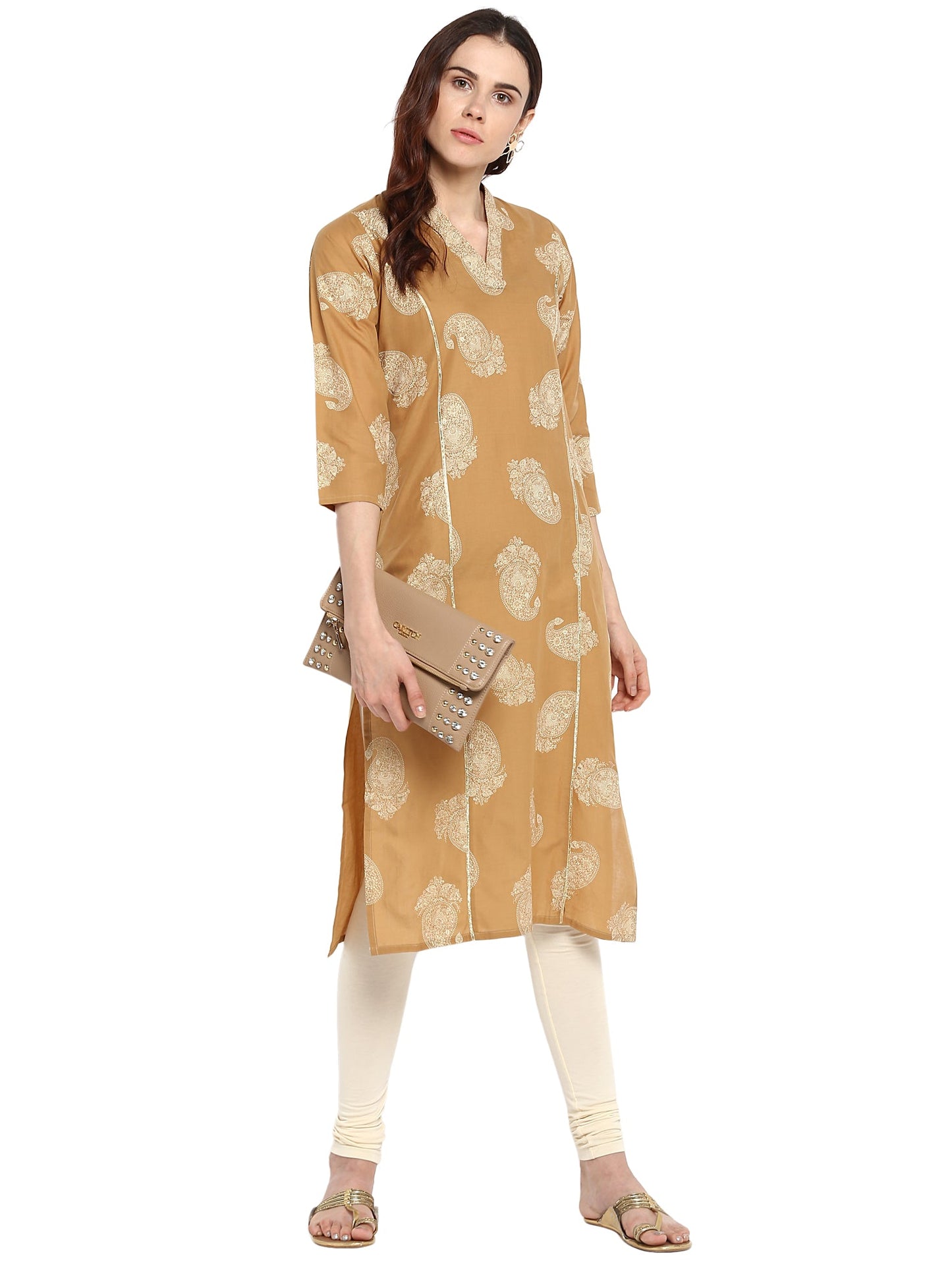 Women's Beige Printed Cotton Only Kurta With Gota Patti Lace Highlights