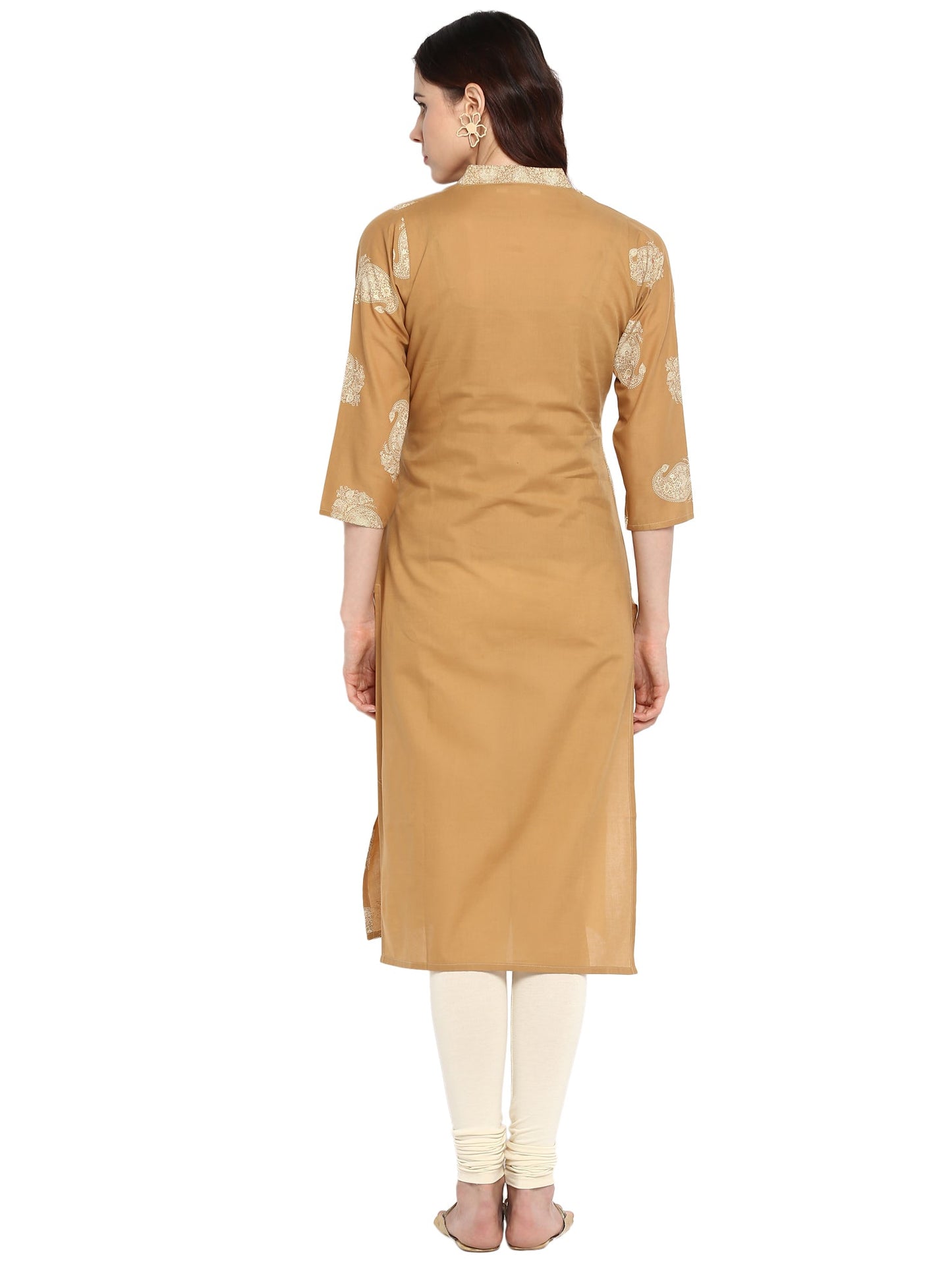Women's Beige Printed Cotton Only Kurta With Gota Patti Lace Highlights