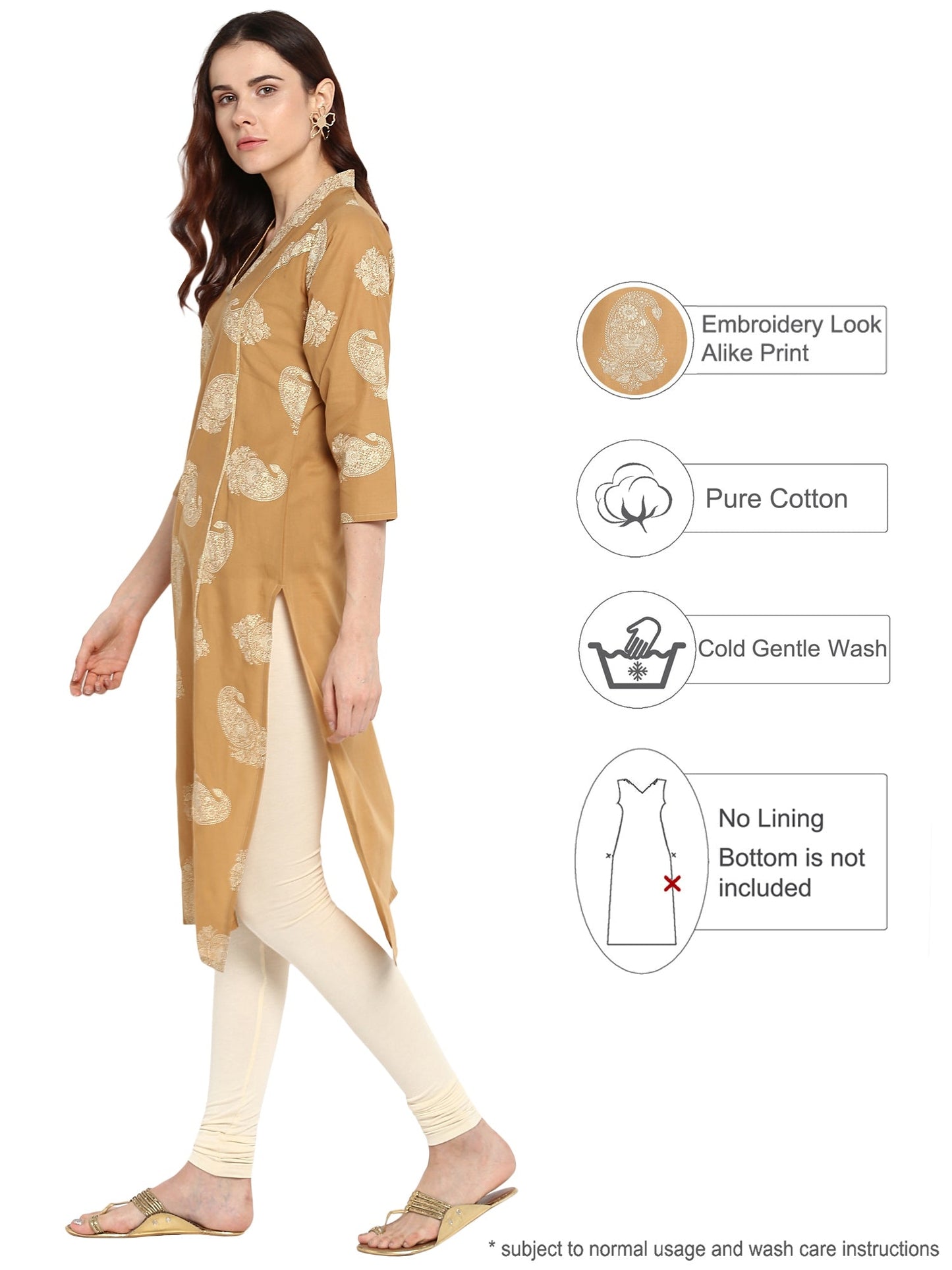 Women's Beige Printed Cotton Only Kurta With Gota Patti Lace Highlights