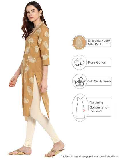 Women's Beige Printed Cotton Only Kurta With Gota Patti Lace Highlights