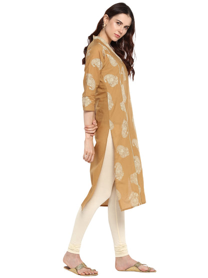 Women's Beige Printed Cotton Only Kurta With Gota Patti Lace Highlights