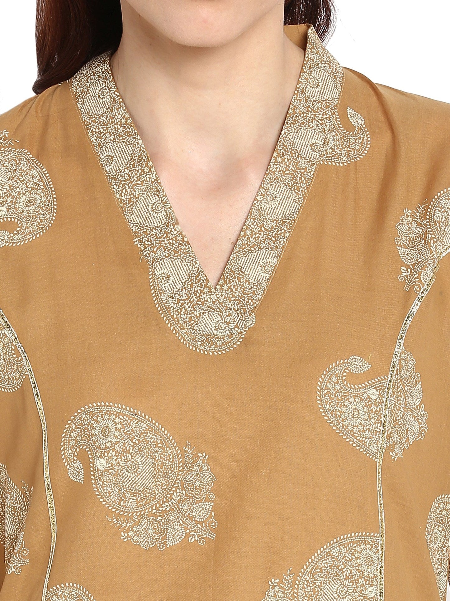 Women's Beige Printed Cotton Only Kurta With Gota Patti Lace Highlights