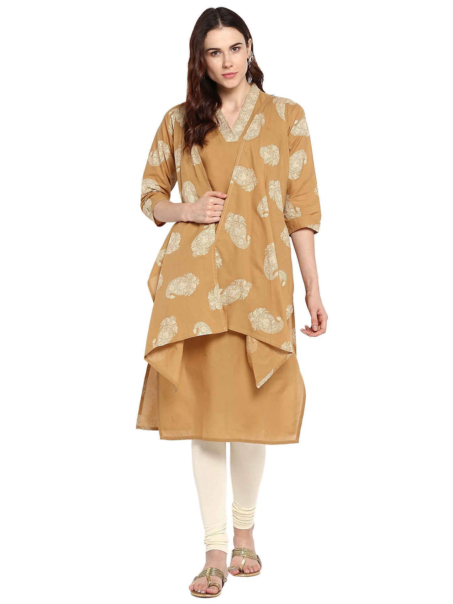 Women's Beige Printed Cotton Only Kurta With Attached Cape Scarf Extensions