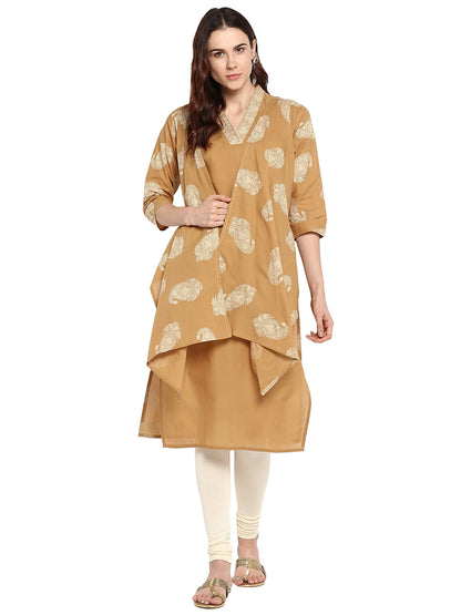 Women's Beige Printed Cotton Only Kurta With Attached Cape Scarf Extensions