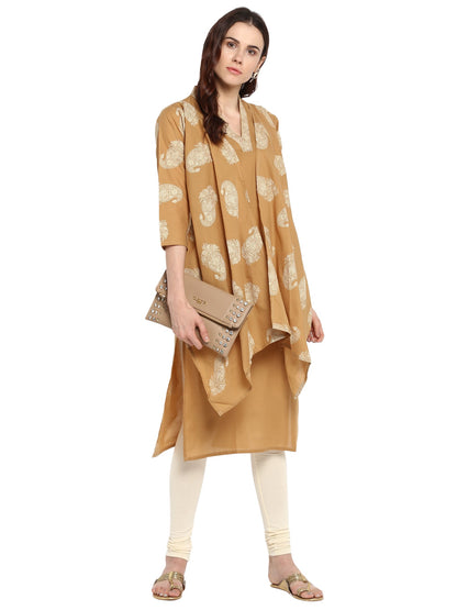 Women's Beige Printed Cotton Only Kurta With Attached Cape Scarf Extensions