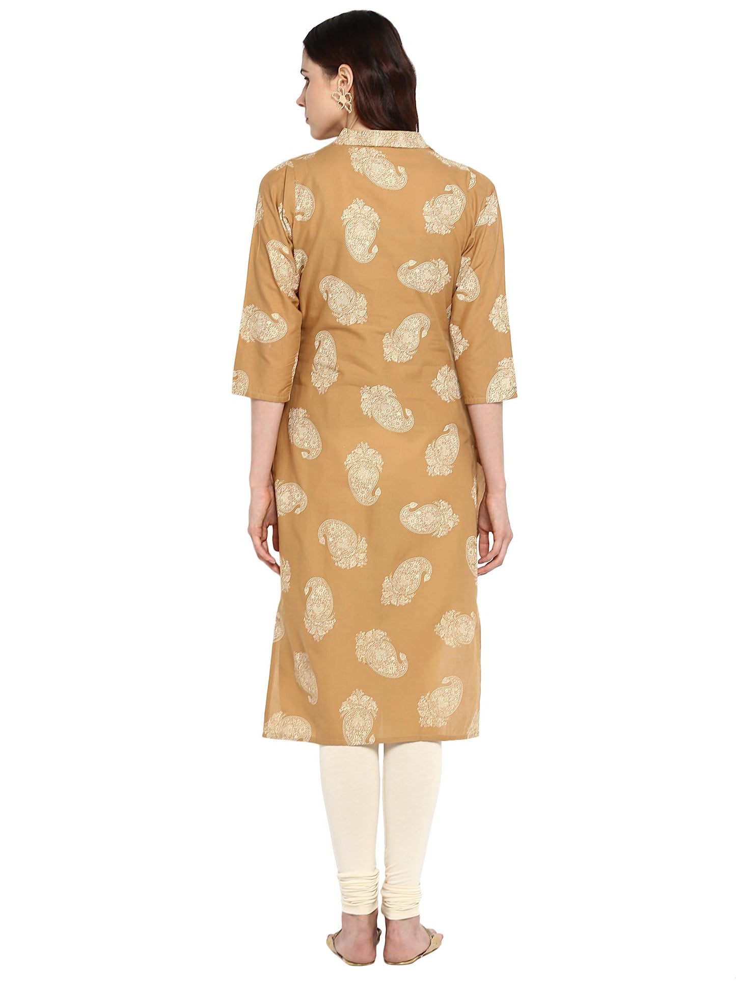 Women's Beige Printed Cotton Only Kurta With Attached Cape Scarf Extensions