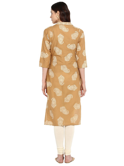 Women's Beige Printed Cotton Only Kurta With Attached Cape Scarf Extensions
