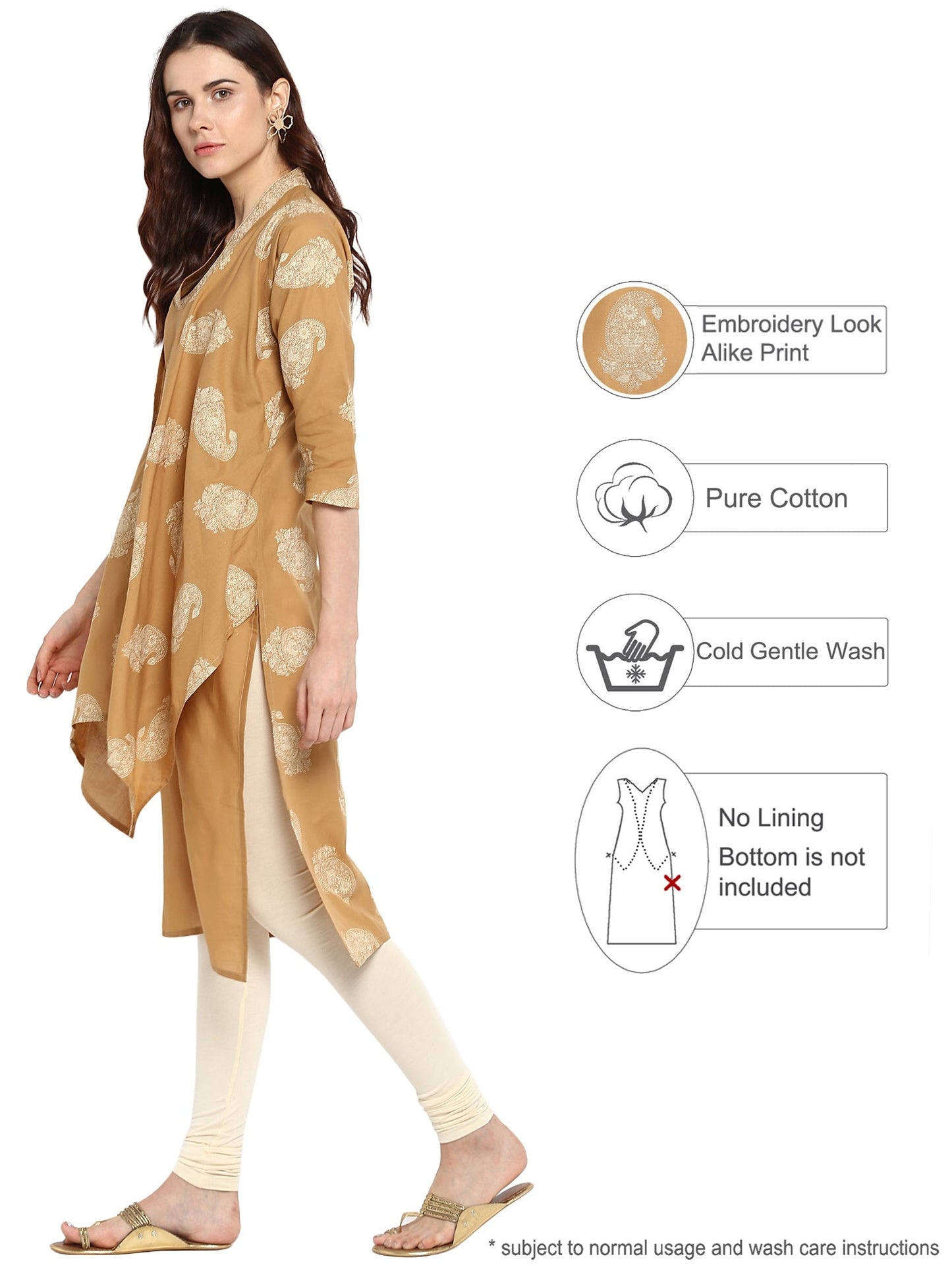 Women's Beige Printed Cotton Only Kurta With Attached Cape Scarf Extensions