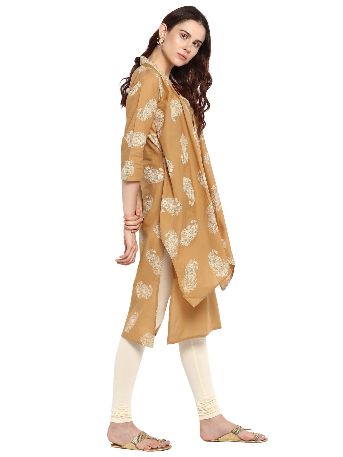 Women's Beige Printed Cotton Only Kurta With Attached Cape Scarf Extensions