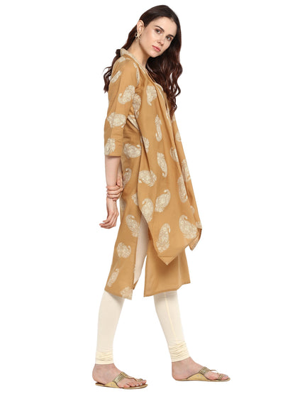 Women's Beige Printed Cotton Only Kurta With Attached Cape Scarf Extensions