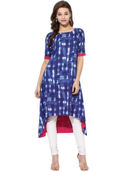 Women's Blue Color Short Sleeve And Boat Neck Cotton Only Kurti