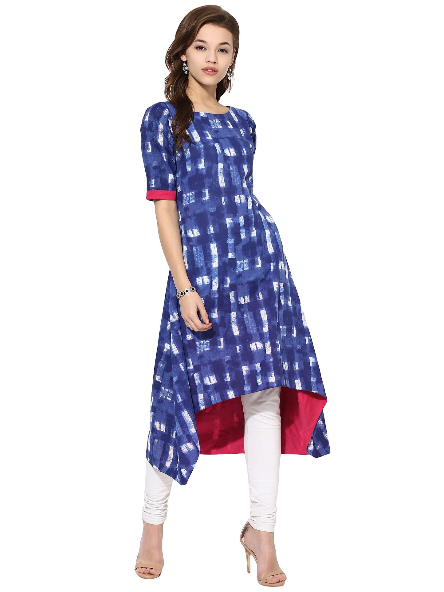 Women's Blue Color Short Sleeve And Boat Neck Cotton Only Kurti