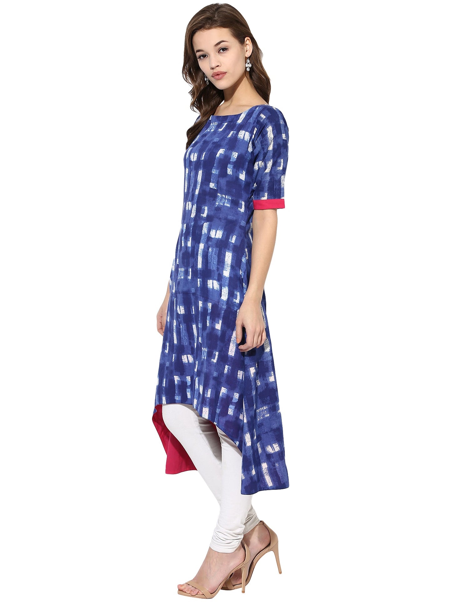 Women's Blue Color Short Sleeve And Boat Neck Cotton Only Kurti